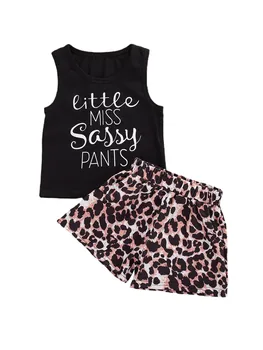 

1-5T Infant Baby Girls Summer Clothes Sets Letter Print Sleeveless Black Vest Tops Leopard Shorts Fashion 2pcs sunsuit