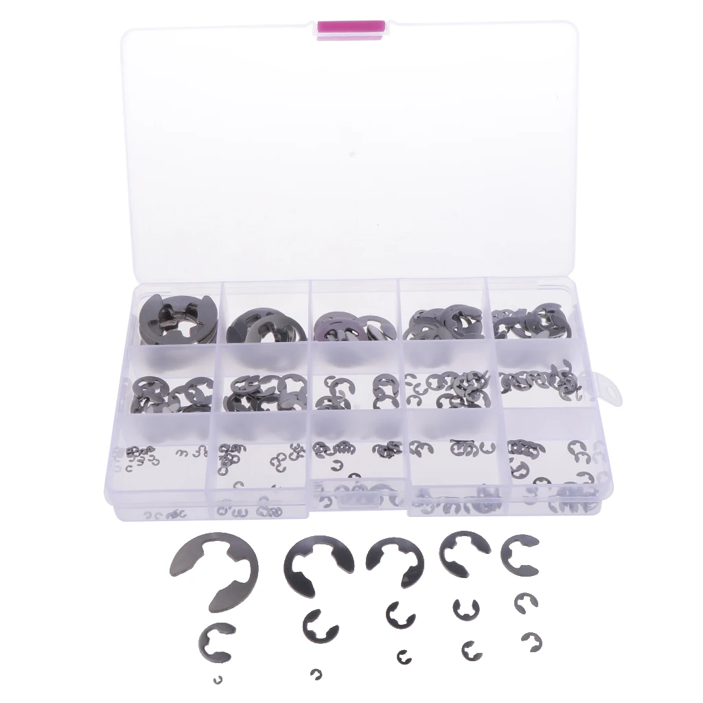 225Pcs 304 Stainless Steel Opening Snap Ring E-Clip Circlip Assortment Kit Replacement E-clips with Storage Case