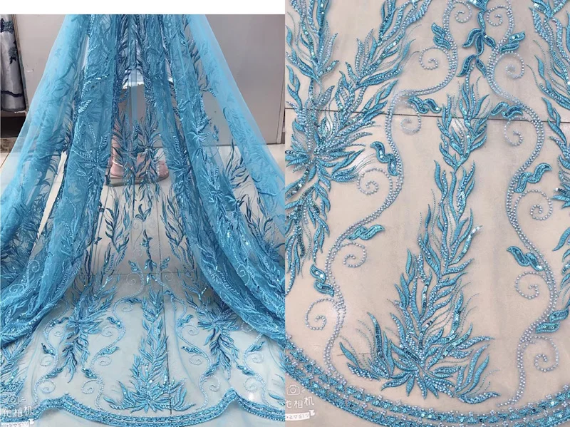 

5colors high grade African tulle lace fabric beads and sequins embroidered French net lace fabric for wedding party dress FGY021