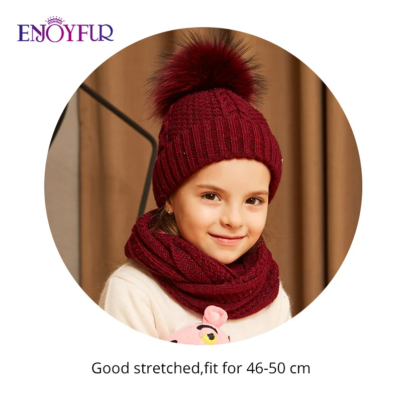 ENJOYFUR winter hat and scarf set for girls high quality Cotton knitted soft hat girl thick boy caps children warm set