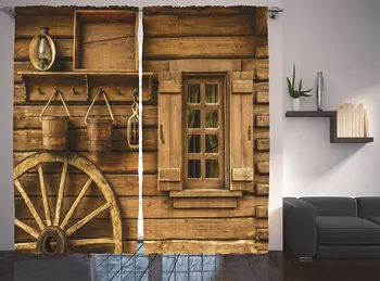 

Western Curtains Old Wagon Wheel Next to Rustic Wooden House Vintage Lantern Window Buckets Print Living Room Bedroom Window