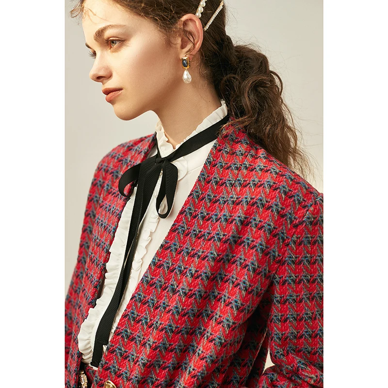 Элегантный разноцветный однобортный шерстяной пиджак/юбка-двойка с узором "гусиная лапка" Стильный жаккардовый блейзер с золотыми рельефными пуговицами