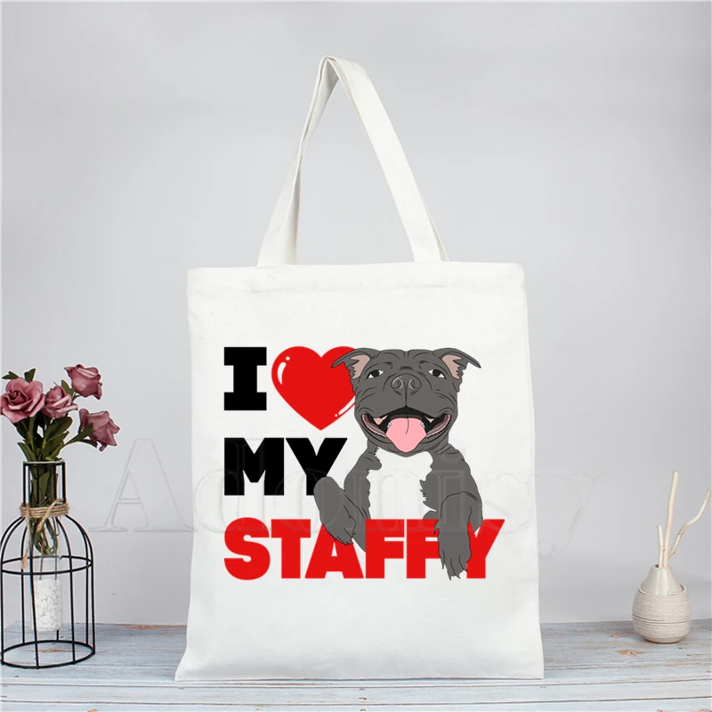 

Taffordshire Bull Terrier Handbag Cloth Canvas Tote Bag Shopping Travel Women Eco Reusable Shoulder Shopper Bags Bolsas De Tela