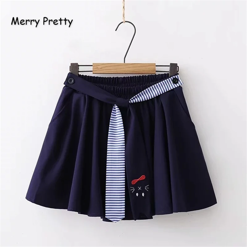 Merry Pretty, женские плиссированные юбки с высокой талией, темно-синие мини юбки с вышивкой кота из мультфильма,, эластичная красивая юбка с талией