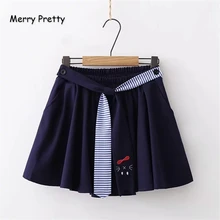 Merry Pretty, женские плиссированные юбки с высокой талией, темно-синие мини юбки с вышивкой кота из мультфильма,, эластичная красивая юбка с талией