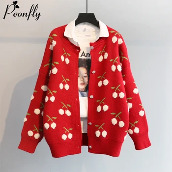 

PEONFLY Knitted Cherry Printed Cardigan Sweater Women Fashion Knitted Tops 2020 Spring Long Sleeve Casual Outwears V Neck Coat