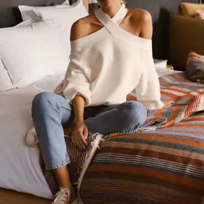Lossky Knitting Sweater Women Off Shoulder Cross-neck Loose Pullovers Tops Elegant Spring Winter Backless Solid Jumpers Clothes | Женская