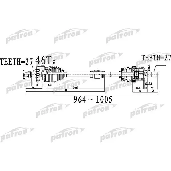 Полуось передний мост справа 27X964X60X27 ABS:46T HYUNDAI ELANTRA [A5] 1 8 MT 11- I30 12 PATRON PDS0491 |