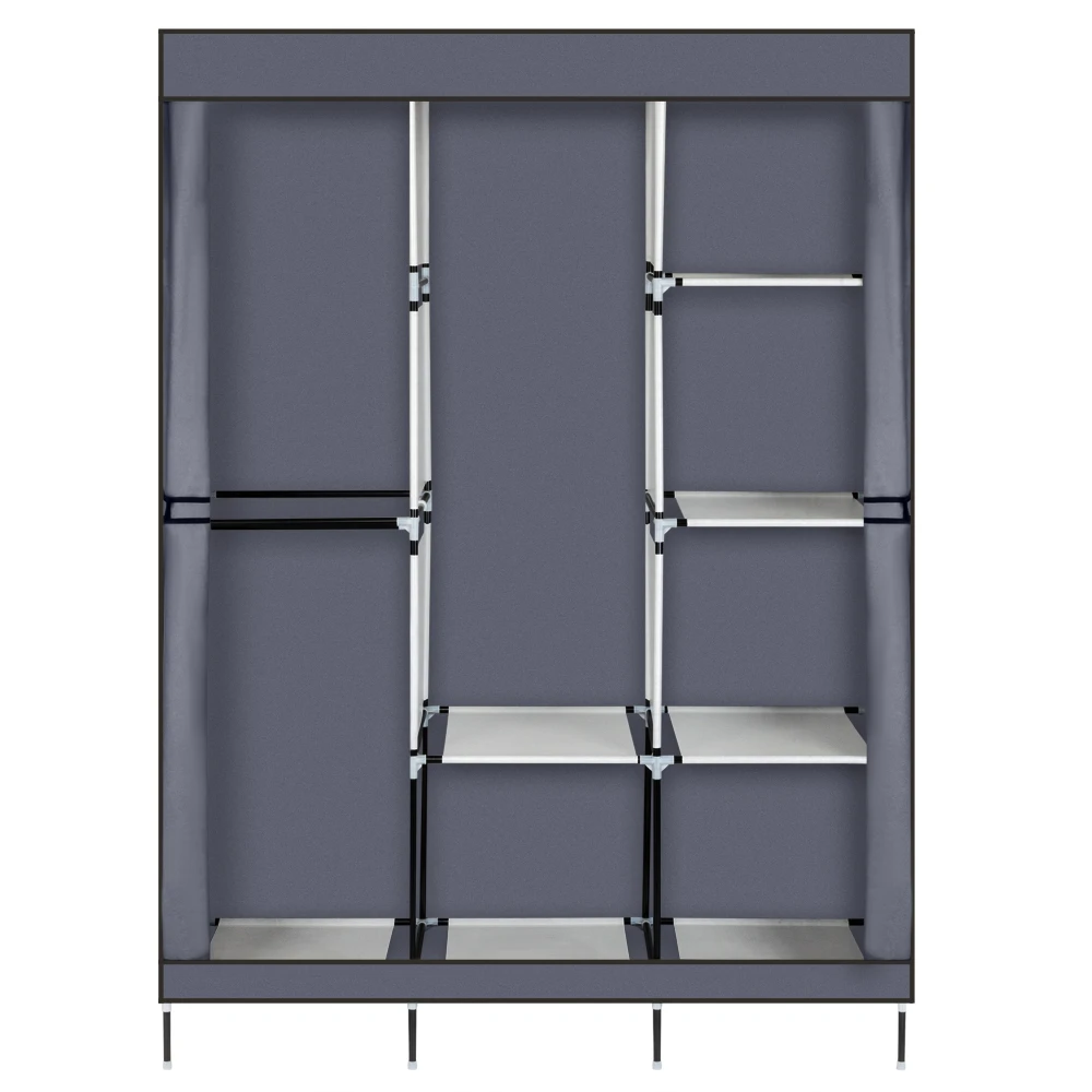 Modern Solid Color Non-woven Fabric Closet with Side Pocket Zipper Door Curtain Bedroom Wardrobe Clothes Storage Rack Furniture - Color: Grey