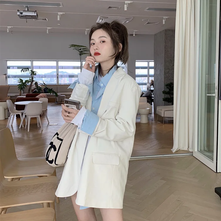 Autumn Clothing Korean-style Wear Stacked Versatile Long-sleeved Shirt+ Loose-Fit Long Sleeve Pure T+ Loose-Fit Suit Jacket-St