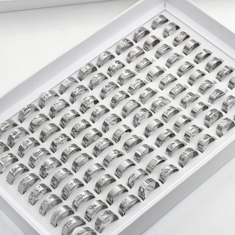 100Pcs/Lot Stainless Steel Star Moon Heart Butterfly Hollow Rings for Women and Men Wholesale Mix Style Silvery Couple Jewelry