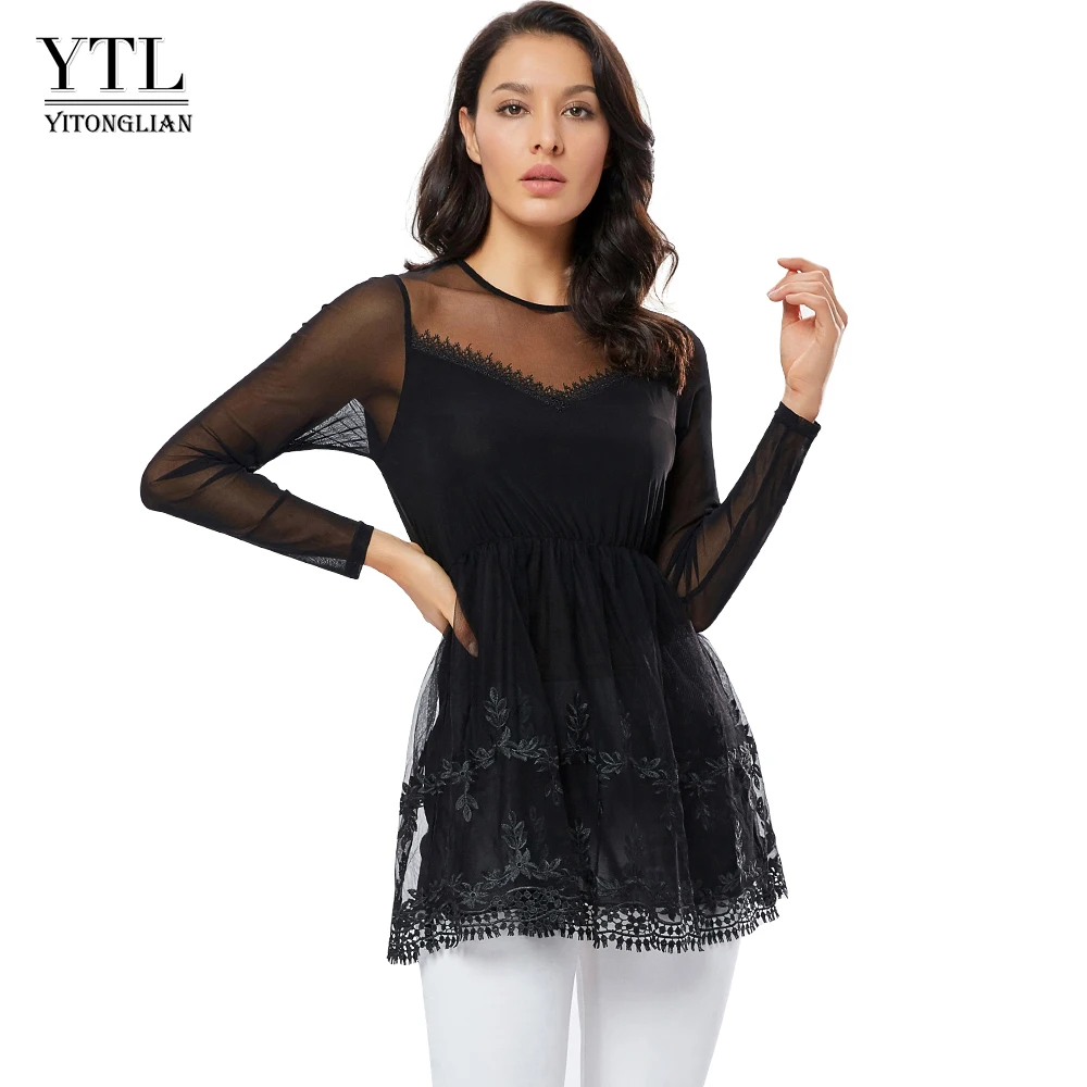 YTL Womens T-shirt Lace Tunic Tops Long Sleeve See through Sexy Style Dress Cothic Party Ladies Casual T-shirts Flowy Blusa H295