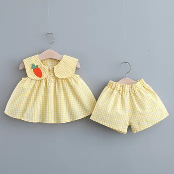 

2020 Summer Baby Girls Plaid Lapel Collar Sleeveless Vest Blouse Tops + Shorts Princess Party Clothing Sets Kids 2Pcs Suits