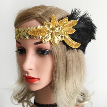 

Womens Sequins Headband Great Headpiece Flapper Feather Headband Gold Hair Accessories Party Costume Dress Headdress