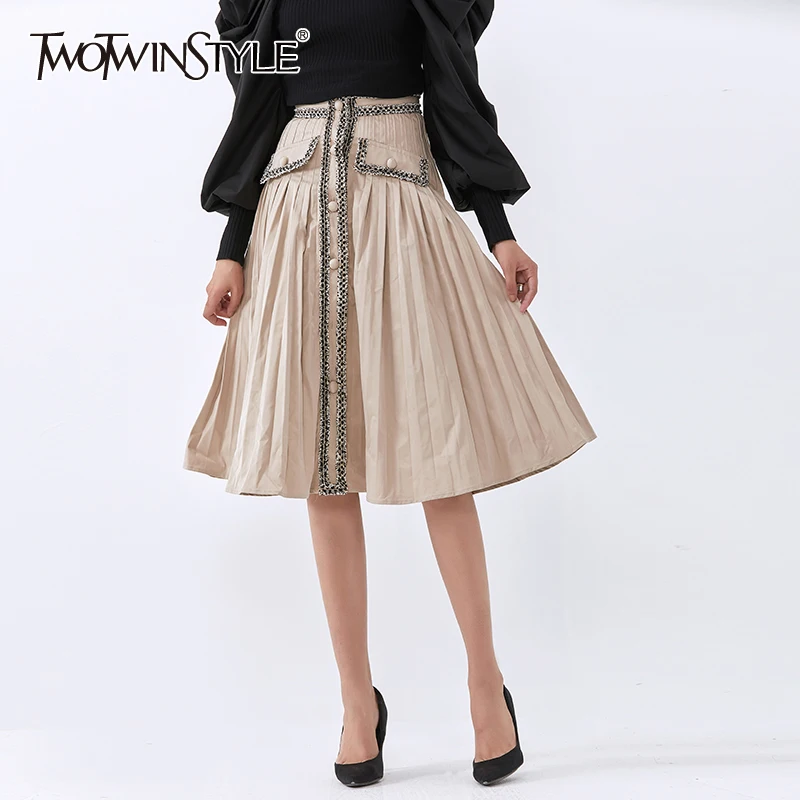 

TWOTWINSTYLE Casual Ruched Skirt For Women High Waist Patchwork Pocket Midi Skirts Female 2020 Autumn Fashion Clothing New Tide