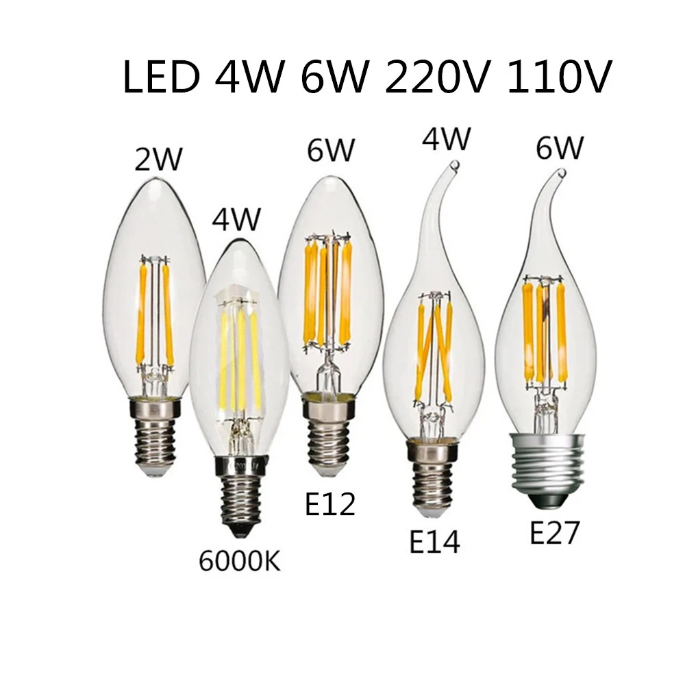 C35 220V E14 Base Bulbs 4W LED Energy Saving Dimmable Filament Candle Light Bulbs Home Decor A 