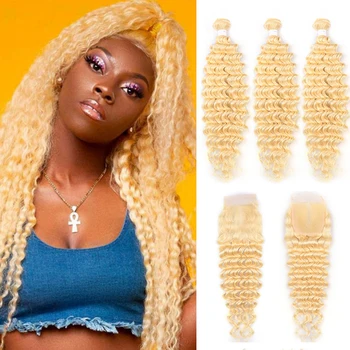 

Deep Wave Bundles With Closure 4x4 SOKU 613 Honey Blonde Brazilian Hair Weave Bundles With Lace Closure H Remy Hair Extensions