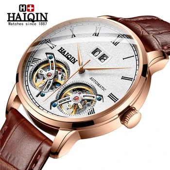 

Luxury Brand HAIQIN Mens Automatic Watches Fashion Leather Waterproof Clock Military Double Tourbillon Mechanical Men Wristwatch