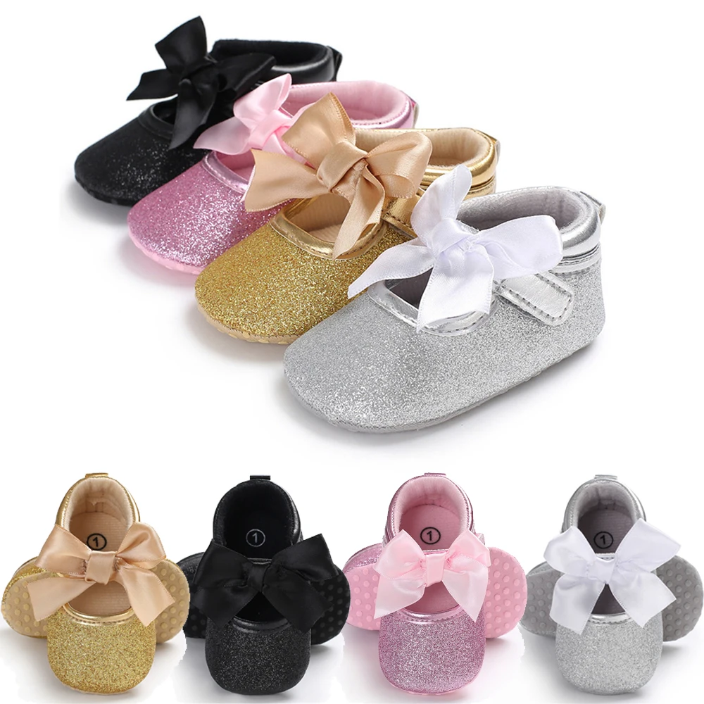 Модная обувь для новорожденных девочек; обувь принцессы из искусственной кожи с блестками и бантом; Повседневная однотонная нескользящая обувь