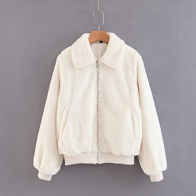 

34lp-8770 Western Style WOMEN'S Dress 2019 Autumn New Style Loose-Fit Fold-down Collar Faux Rabbit Fur White Cropped Jacket