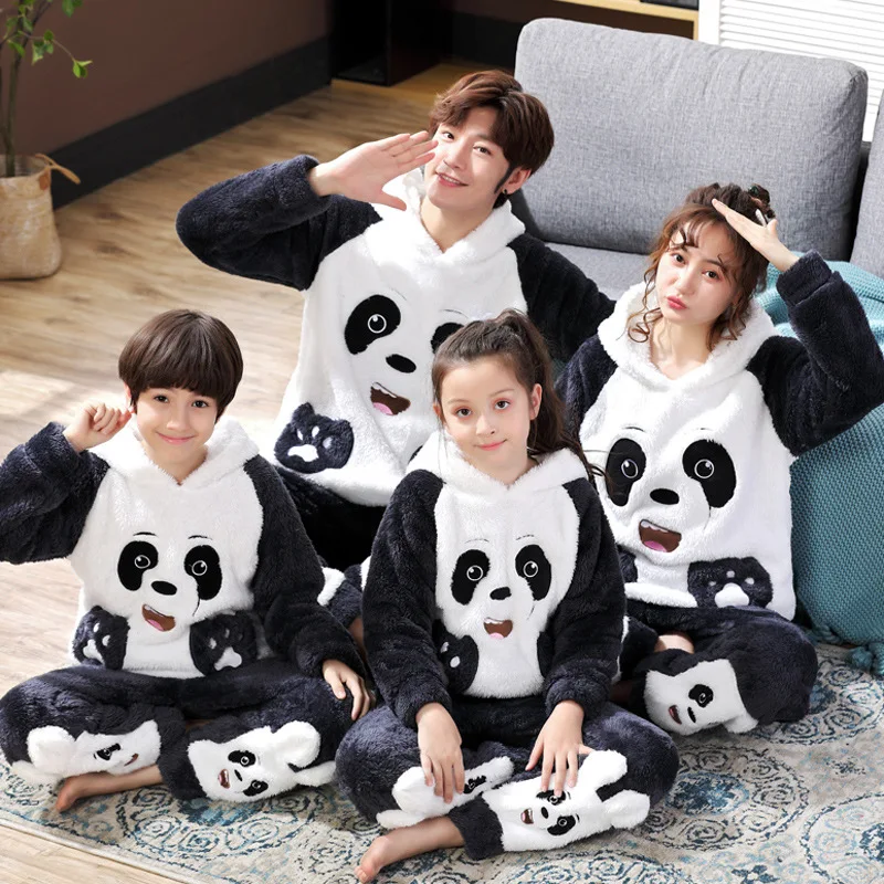 Panda Зимний Пижамный комплект для родителей и детей, детские фланелевые пижамы, утепленная плюшевая толстовка с капюшоном и длинными рукавами с изображением медведя, Femme, домашняя одежда - Цвет: Panda
