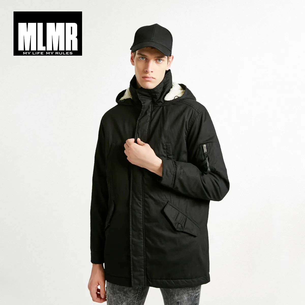 PITCH BLACK MLMR зимнее мужское осеннее и зимнее пальто средней длины с капюшоном | 218309528 - Цвет: PITCH BLACK