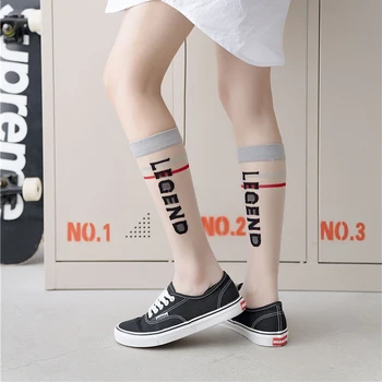 

Japan Long KneeSocks Women Transparent Ultra-thin Socks Leg Patchwork Letters Funny Socks Femme Streetwear Calcetines Mujer