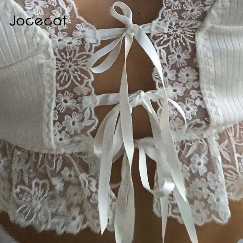 

Jocecat Lace Edge Sexy Cute Crop Top Women Y2K Fashion Girls' 90s Streetwear V Neck Cross Lace Up Summer Tops Female Beachwear