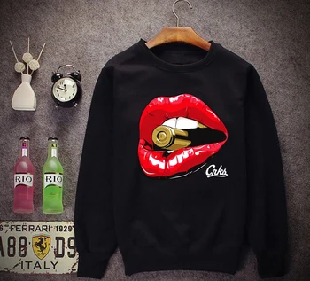 

Women Long Sleeve Sweatshirts Pullovers Outerwear O Neck Big Red Lips Mouth 3D bullet Print Hoodies Crop Tops