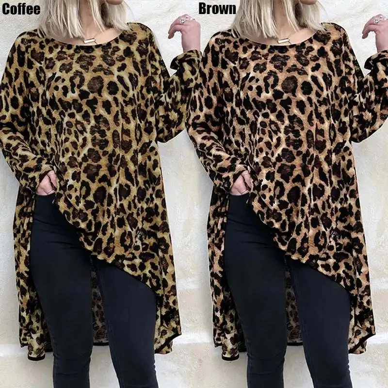 Celmia размера плюс леопардовая расцветка блузки женские с длинным рукавом Асимметричная Туника Топы повседневные свободные вечерние рубашки женские элегантные блузки
