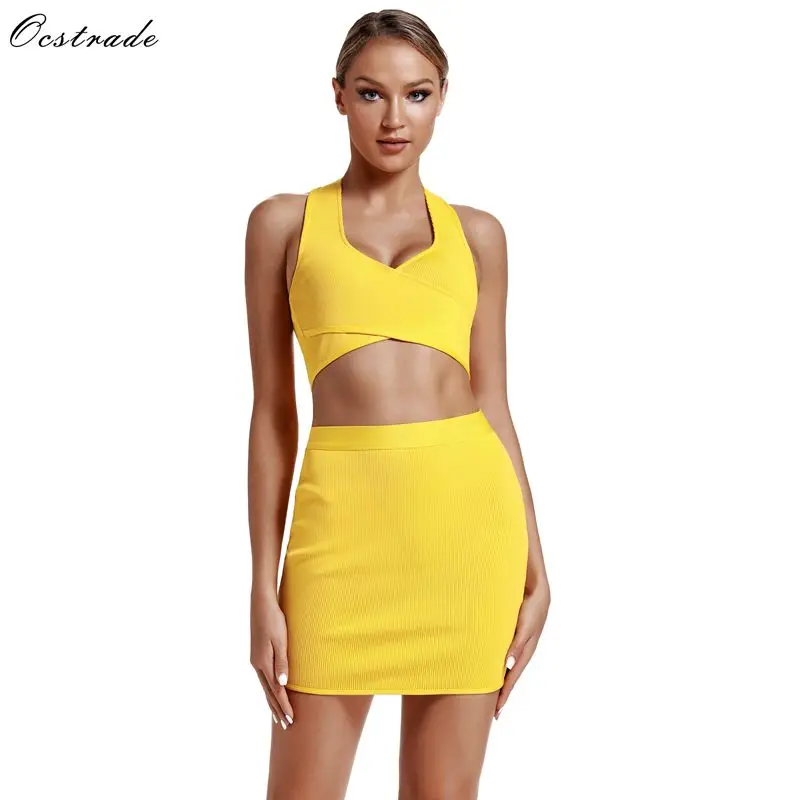 

Ocstrade New Arrival 2019 Summer Yellow Sexy Women 2 Piece Bandage Dress