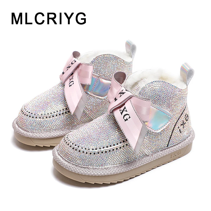 

Kids Snow Boots Children Bow Ankle Boots Baby Girls Warm Brand Shoes Fashion Black Boots Rhinestone Shoes Sweet Boots Winter New