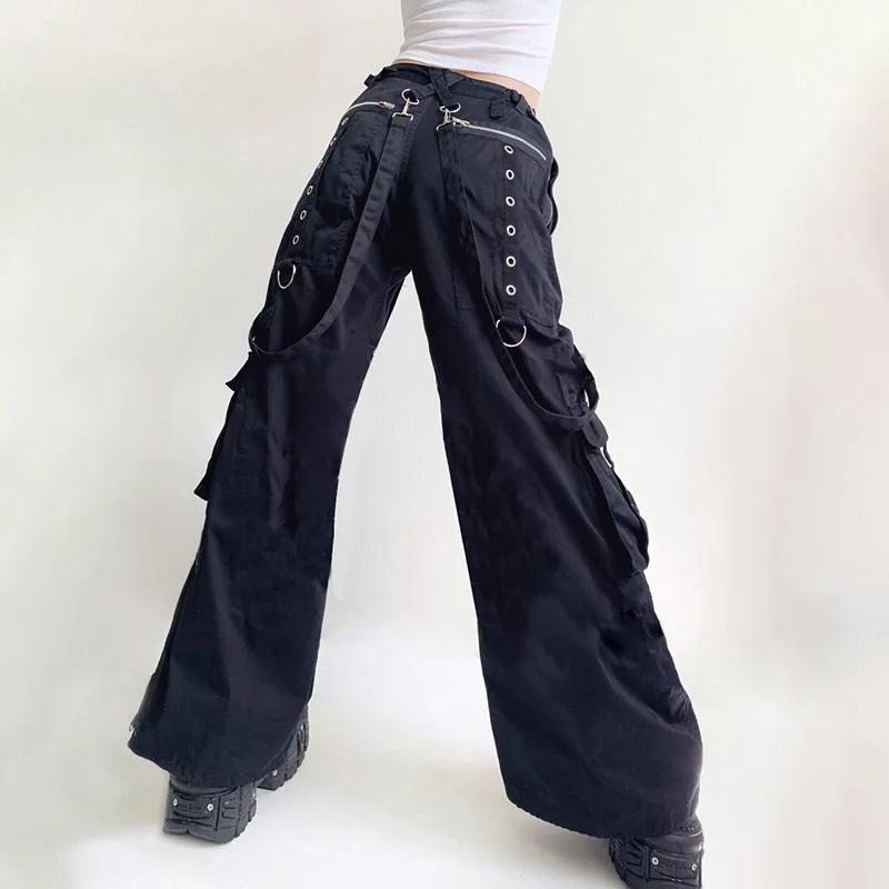 LXCQI Eyelet Fibbia Black Punk Goth Jeans Donna Techwear Stampa Accademica Scura E Girl Cargo Pantaloni A Vita Bassa Vita Denim Pantaloni
