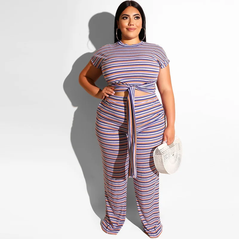

2020 Summer Women O-Neck Stripe Two-Piece Sets Ladies Plus Size Leisure Tops And Pants Female High Quatily Fashion Suits LT85