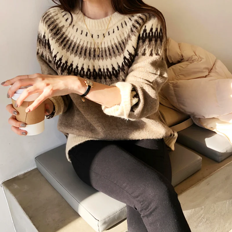 Goedkoop Flectit Fair Isle Trui Vrouwen Lange Mouwen Ronde Hals Gezellige Gebreide Herfst Winter Warme Truien *