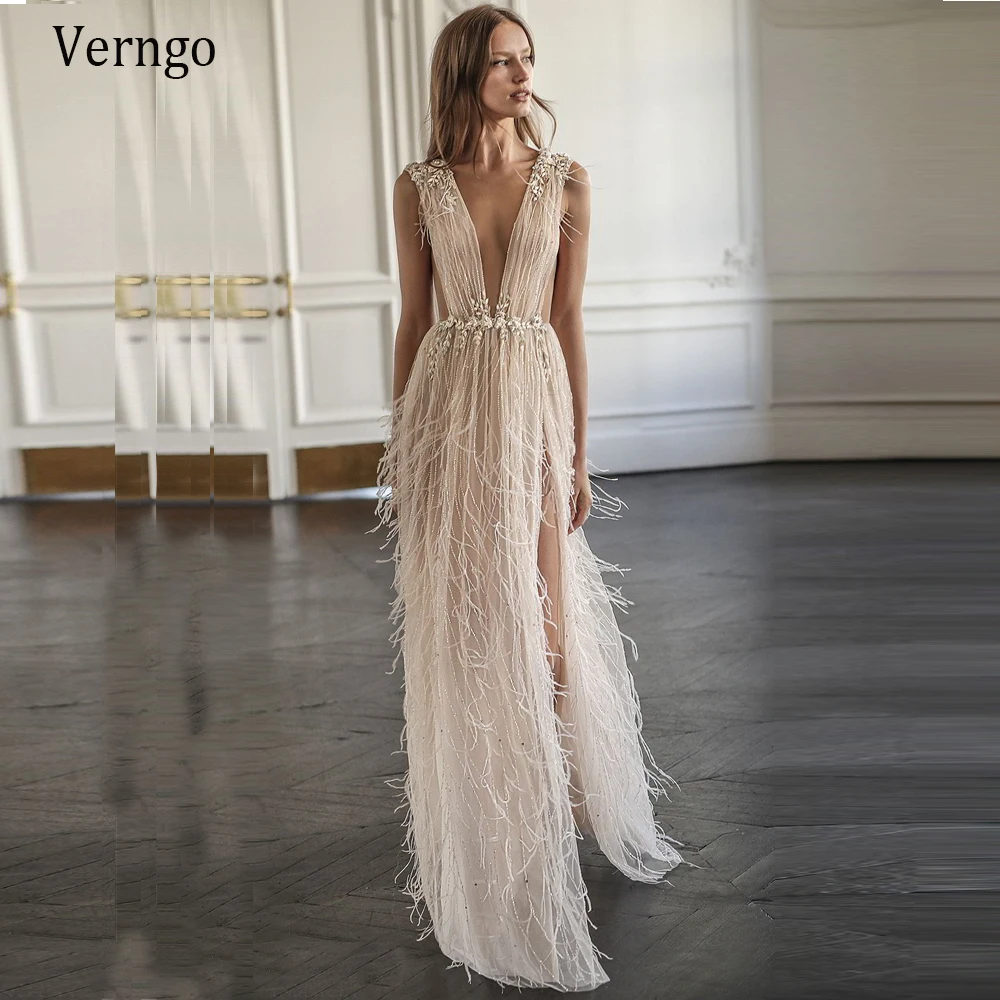 

Verngo Luxury Champagne Evening Dress V Neck Feather Side Slit Beading Backless Prom Gowns Dubai Long Formal Dress 2020