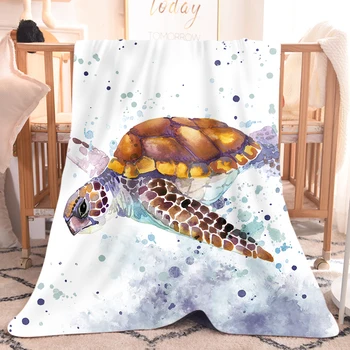 

Sea Turtle Watercolored White Fleece Sherpa Hooded Throw Blanket Flannel 3D Print Nap Warm Blanket 1pc Home Blanket for Bed Sofa