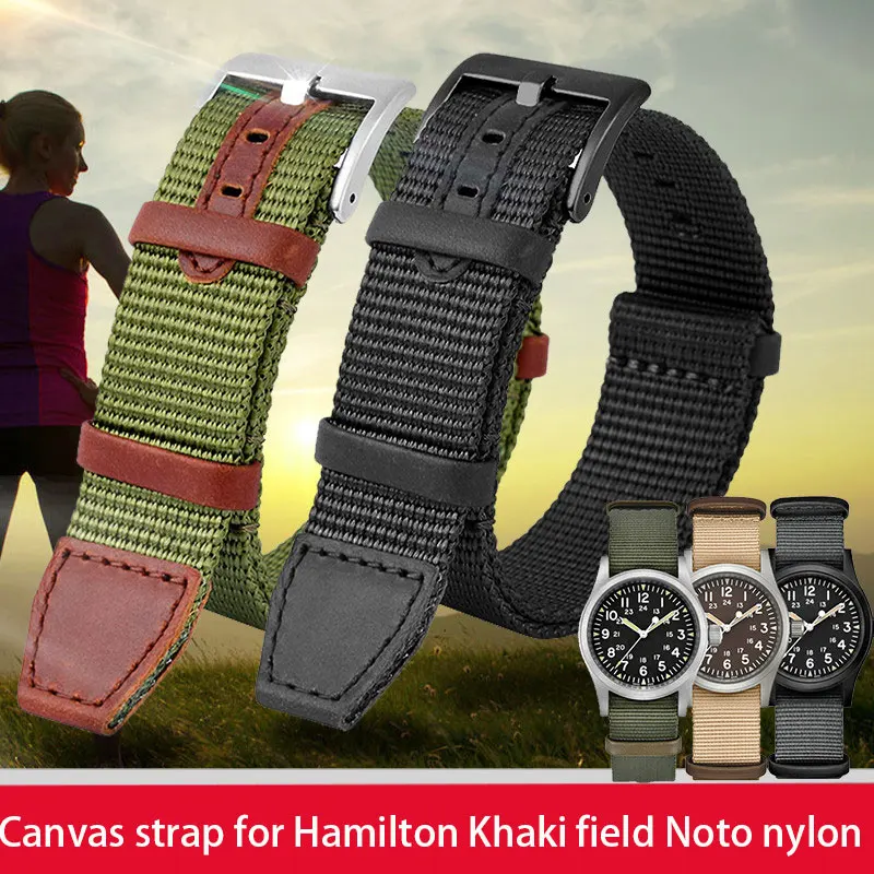 20Mm 22Mm Nylon Intrecciato + Cinturino In Vera Pelle Per Hamilton Khaki Green Field Watch H69439931 441 Cinturino Sportivo Da Uomo All'Aperto