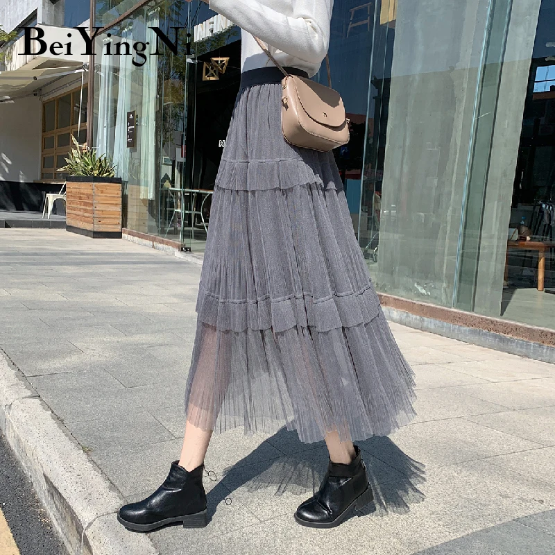 Beiyingni/Весенняя Новинка; милая многослойная длинная сетчатая юбка в винтажном стиле; Многослойная фатиновая плиссированная юбка принцессы с высокой талией; плиссированная юбка