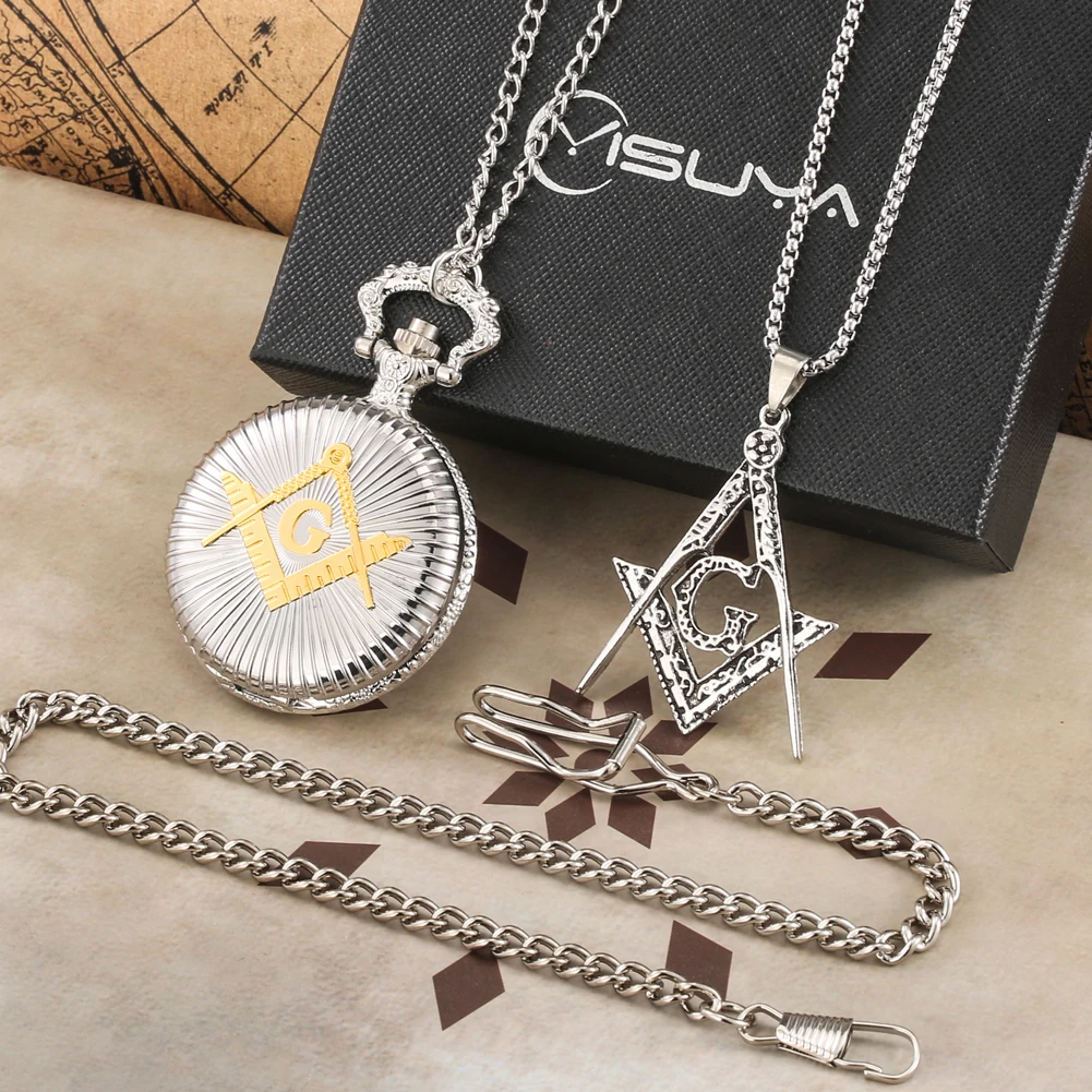 Silver Masonic Pocket Watch Set Men's Quartz Pendant Pocket Clock Exquisite Necklace Pendant Perfect Gift With Box for Boyfriend
