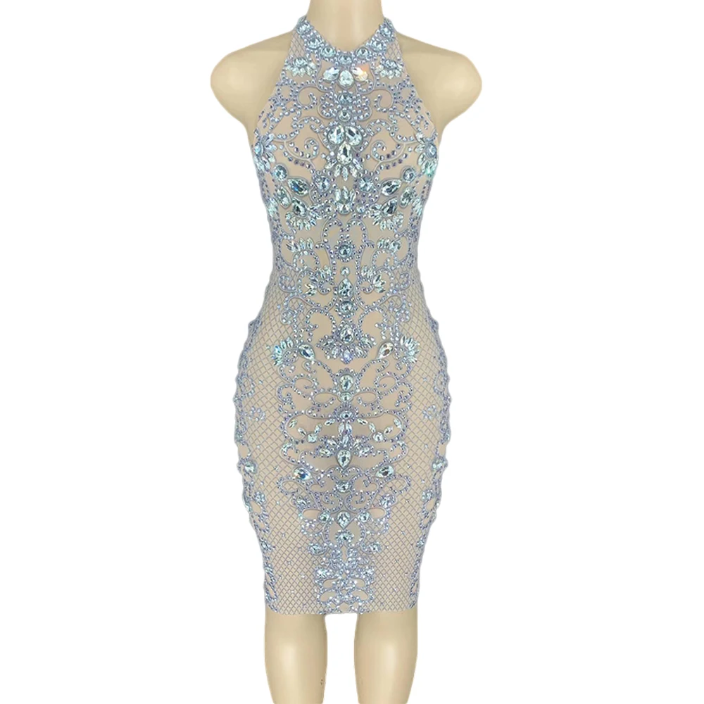 Sexy Mesh See Through Party Crystal Dress Women