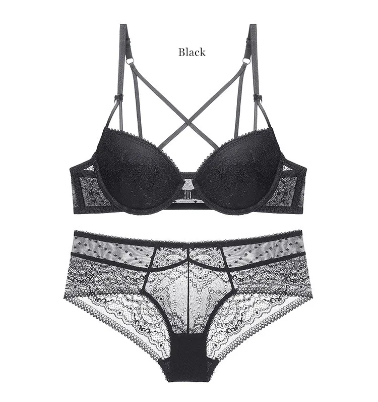 Women's Sexy Lace Bra Sets Solid Lingerie Underwear French Front Closure Push Up Bra and Panty Underwear Set for girls