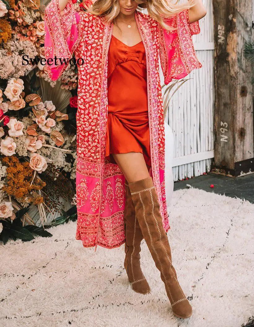 Women Boho Beach Summer Holiday kimono Cardigan Loose Long Blouse Floral Travel vacation