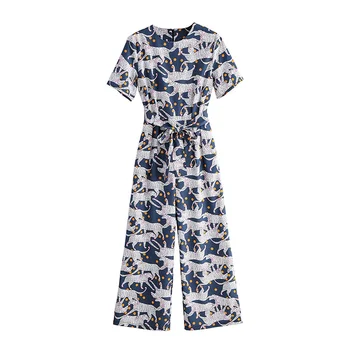 

za 2019 navy animal print o-neck jumpsuit sash tie high waist back zipper fly women jumpsuits casual with pocket