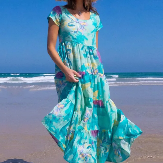 Summer Women Boho Dresses 2021 Plus Size Tie Dye Green Print Short Sleeve Loose Dress Flowy O-Neck Beach Evening Party Dress 4