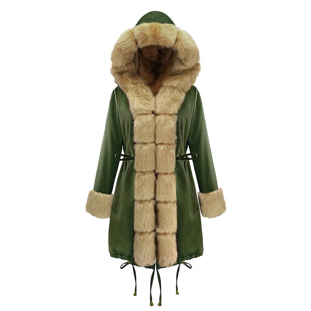 Brand New Style Big Wool Collar Winter Coat Women Clothes Warm Thick Loose Coats Casual Hooded Long Sleeve Jacket Coat Female - Цвет: 19D003-green