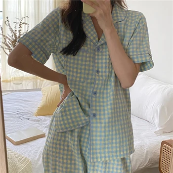 

Alien Kitty Women Pajamas 2020 New Classic Plaid Pijama Mujer Two-piece Suit Summer Trousers Suits Minimalist Loose Sleepwear