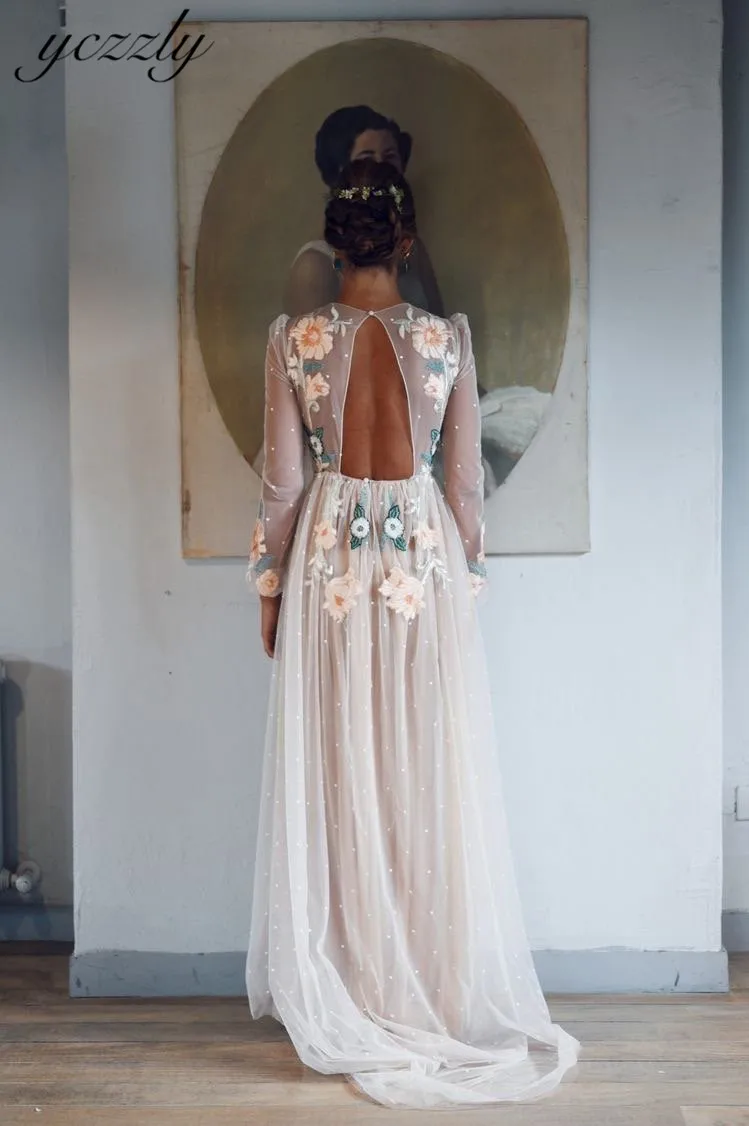 Vestidos De Novia Baratos Con Envio Gratis простое пляжное свадебное платье с цветочной вышивкой и открытой спиной с длинными рукавами