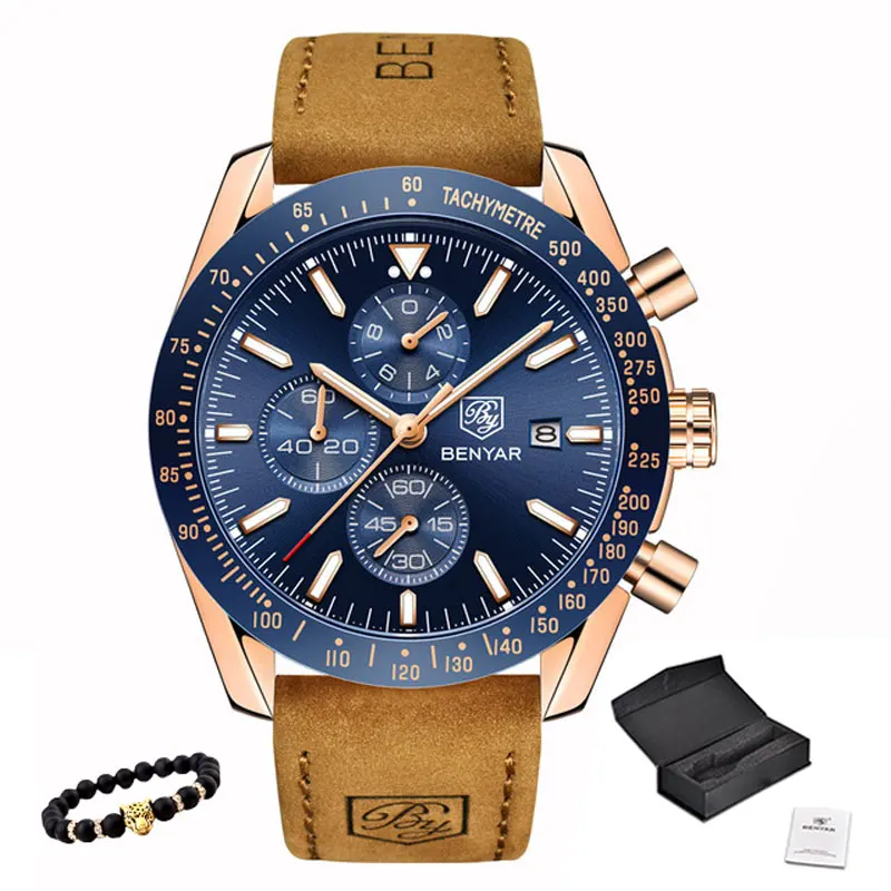 Gold Blue Мужские наручные часы s BENYAR, кварцевые часы с хронографом, Relogio Masculino, новинка, Топ бренд, Роскошные военные часы с силиконовым ремешком - Цвет: Gold Blue