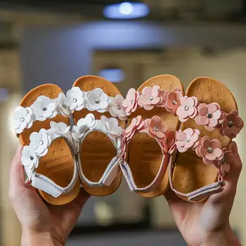 

Summer Girls Cute Flower Sandals Shoes Kids Fashion Leather Sandals Children Beach Sandals Size 21-30